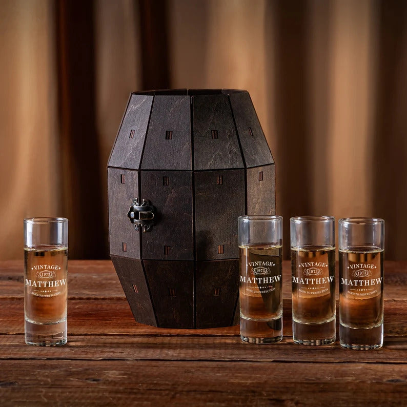 Personalized Shot Glass Set in Wooden Barrel – Birthday Gift for Him