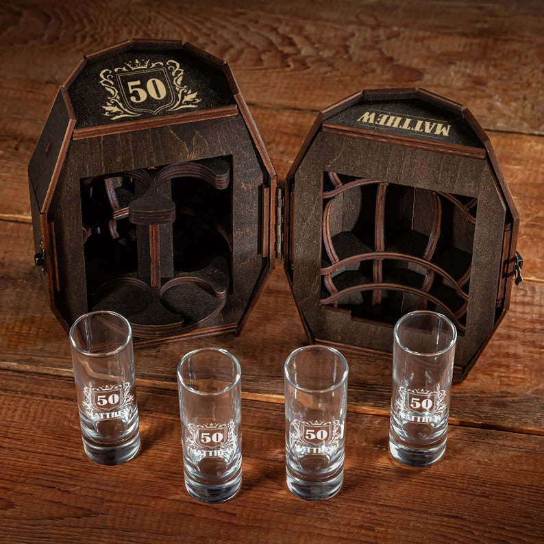 Personalized Shot Glass Set in Wooden Barrel – Birthday Gift for Him