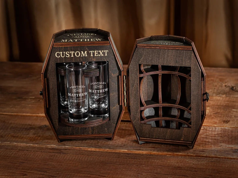 Personalized Shot Glass Set in Wooden Barrel – Birthday Gift for Him