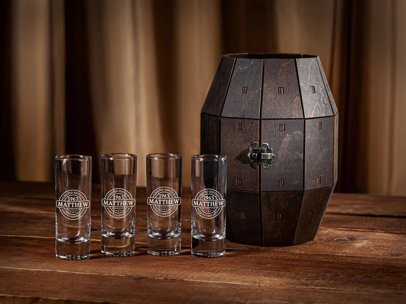 Personalized Shot Glass Set in Wooden Barrel – Birthday Gift for Him