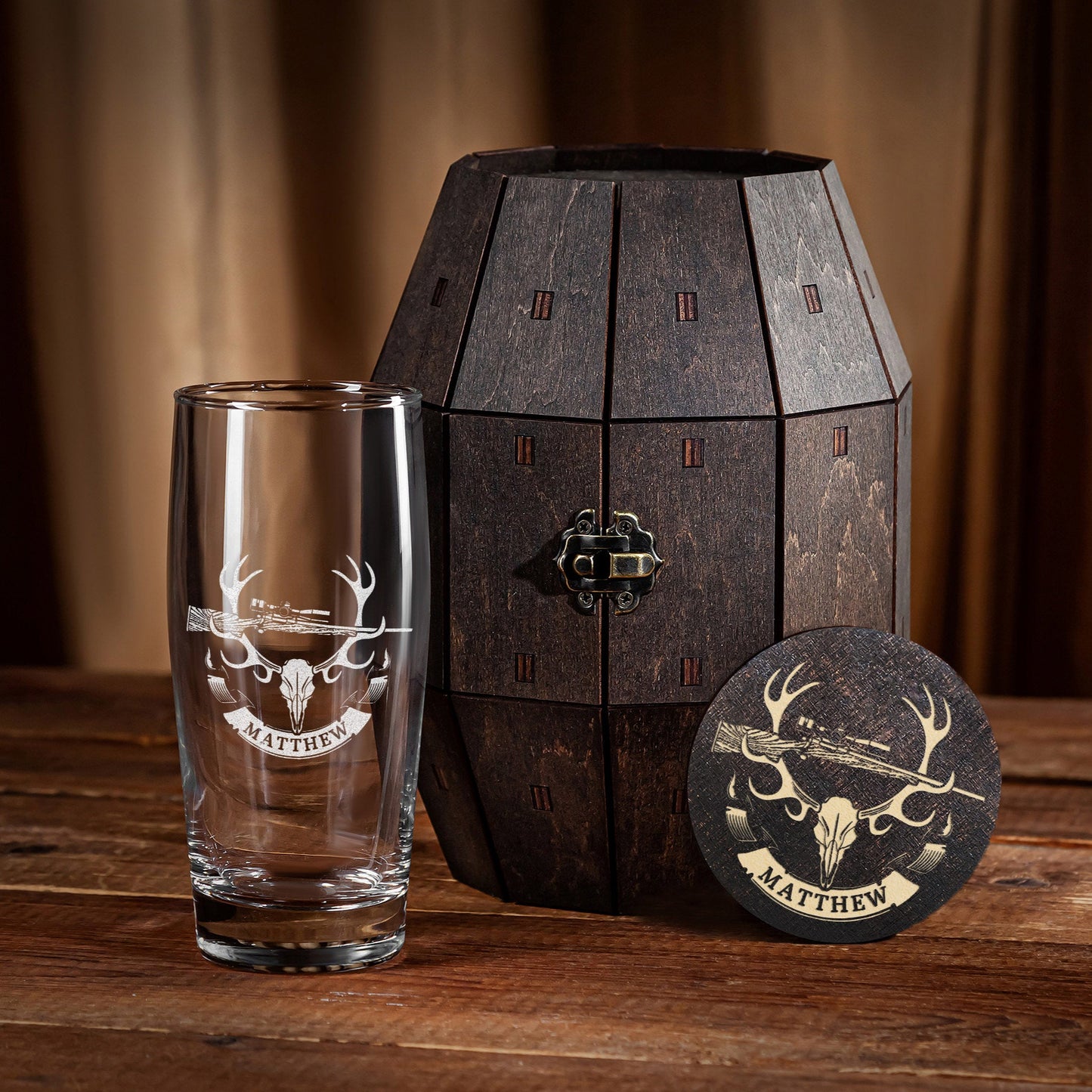 Personalized Deer Antlers Beer Glass in Wooden Barrel