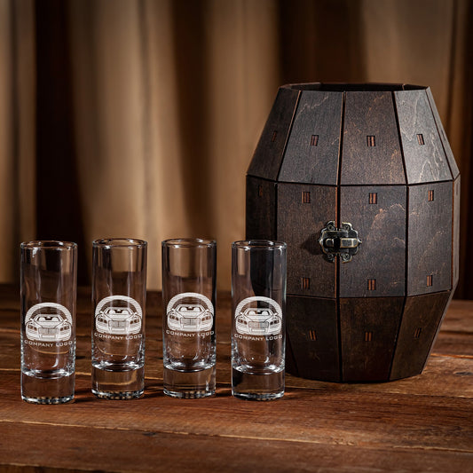 Corporate Gift – Shot Glass Set with Custom Logo in Wooden Barrel