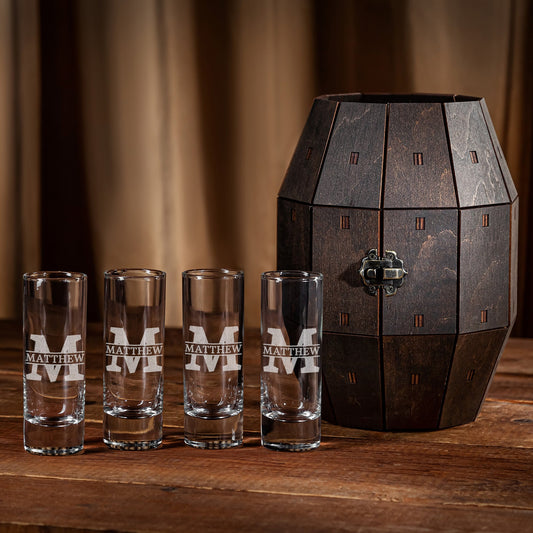 Personalized Shot Glass Set in Wooden Revolver Barrel – Unique Groomsmen Gift Box
