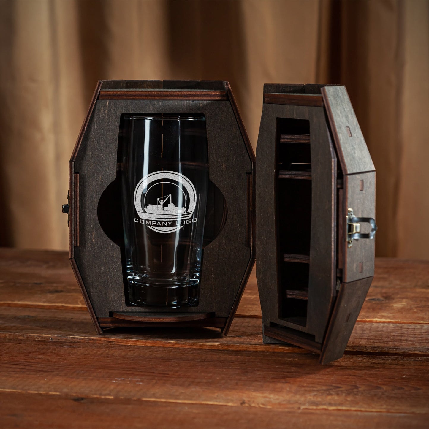 Corporate Gift with Logo - Personalized Beer Glass in Wooden Barrel