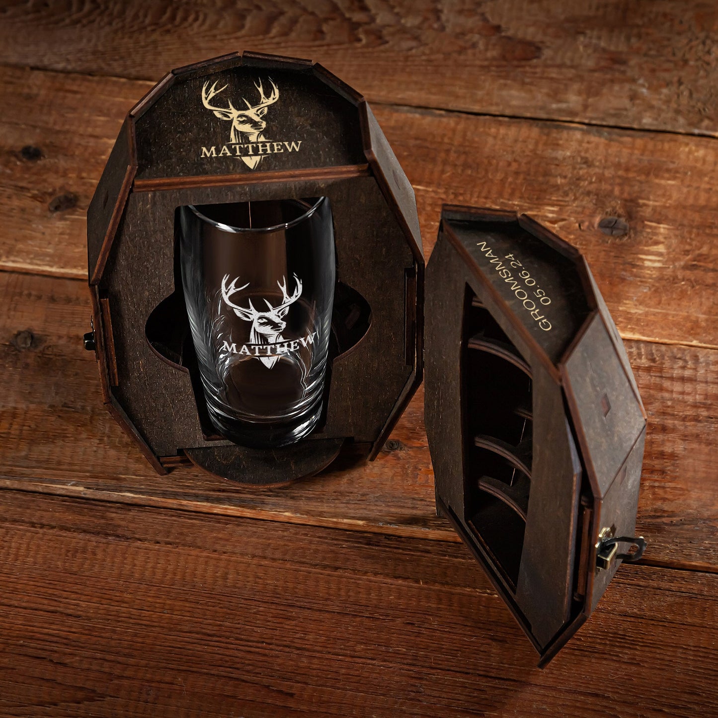 Personalized Deer Antlers Beer Glass in Wooden Barrel