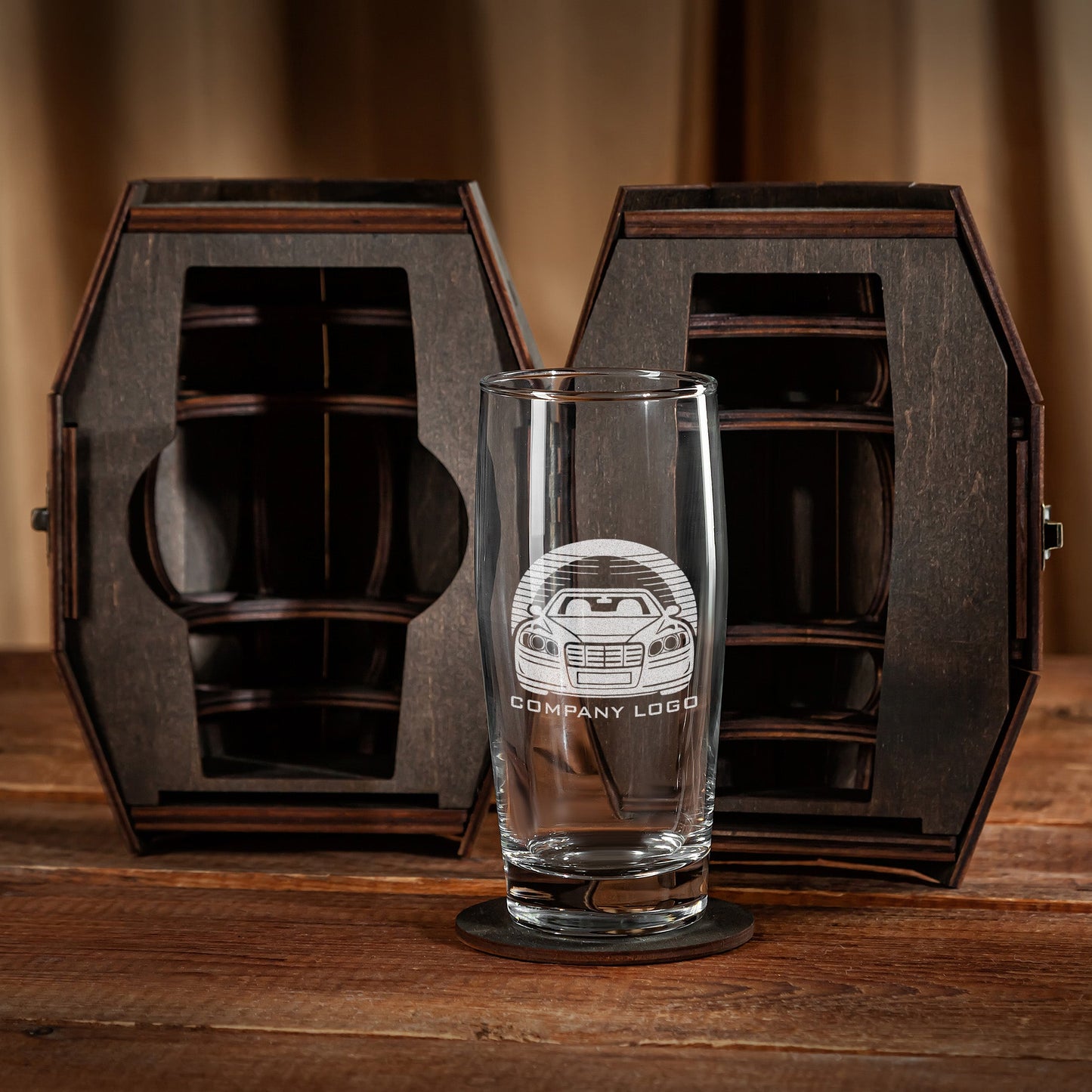Corporate Gift with Logo - Personalized Beer Glass in Wooden Barrel