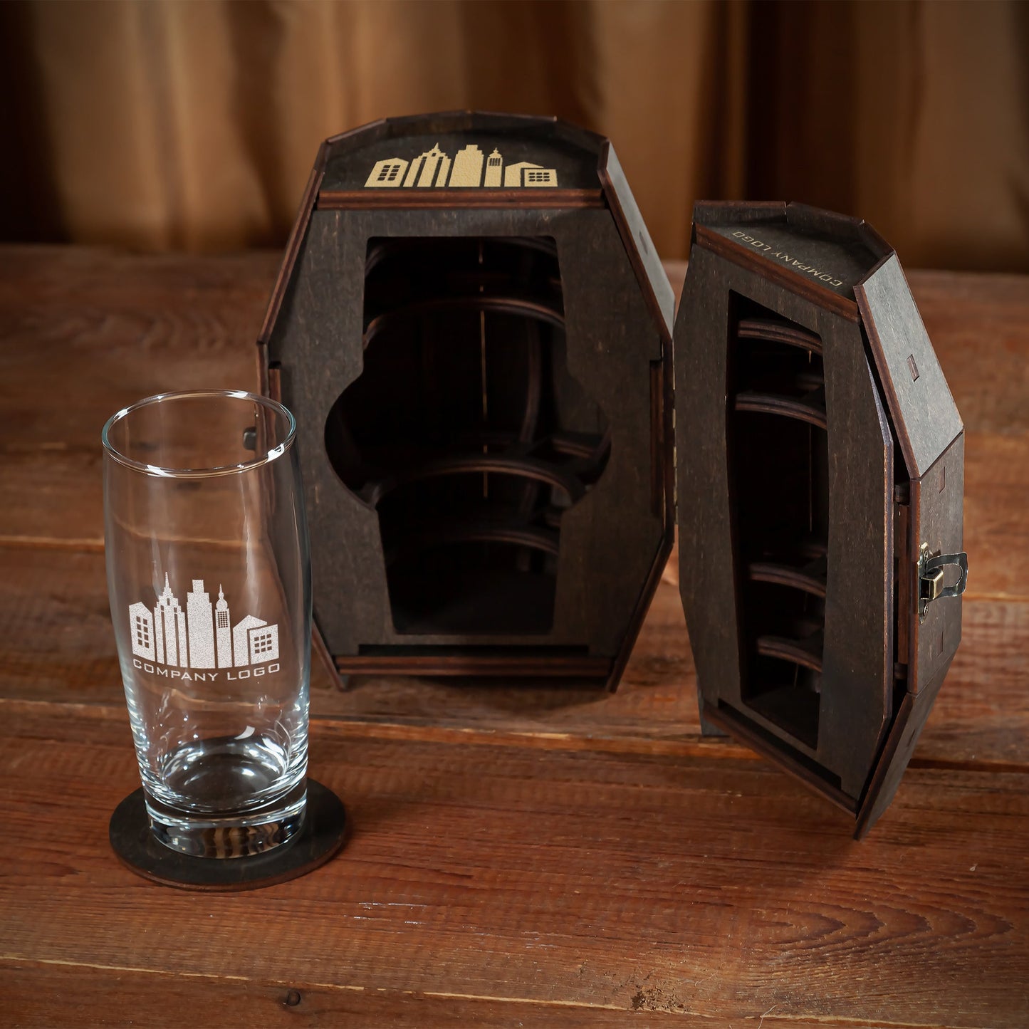 Corporate Gift with Logo - Personalized Beer Glass in Wooden Barrel