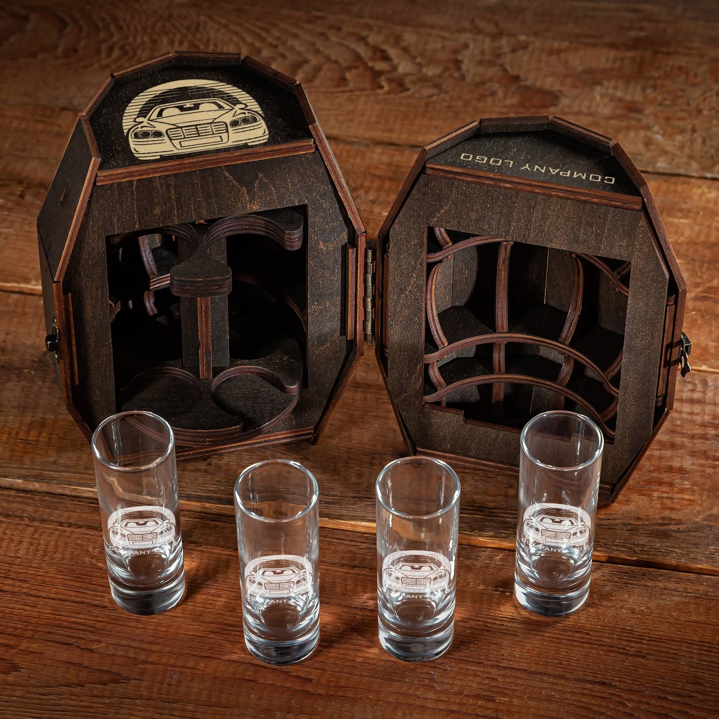 Corporate Gift – Shot Glass Set with Custom Logo in Wooden Barrel