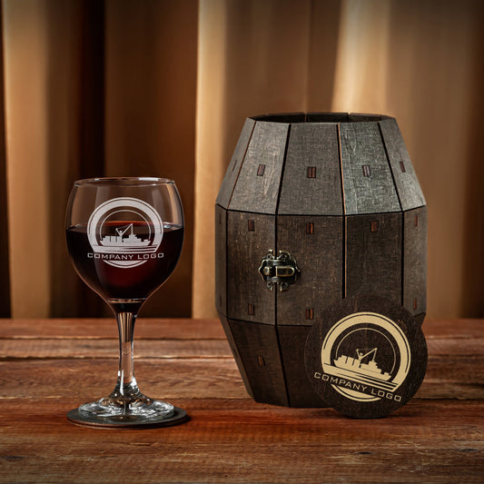 Corporate Wine Glass Gift Set with Custom Logo in Wooden Barrel