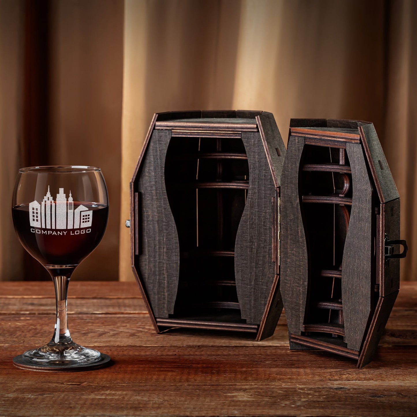 Corporate Wine Glass Gift Set with Custom Logo in Wooden Barrel
