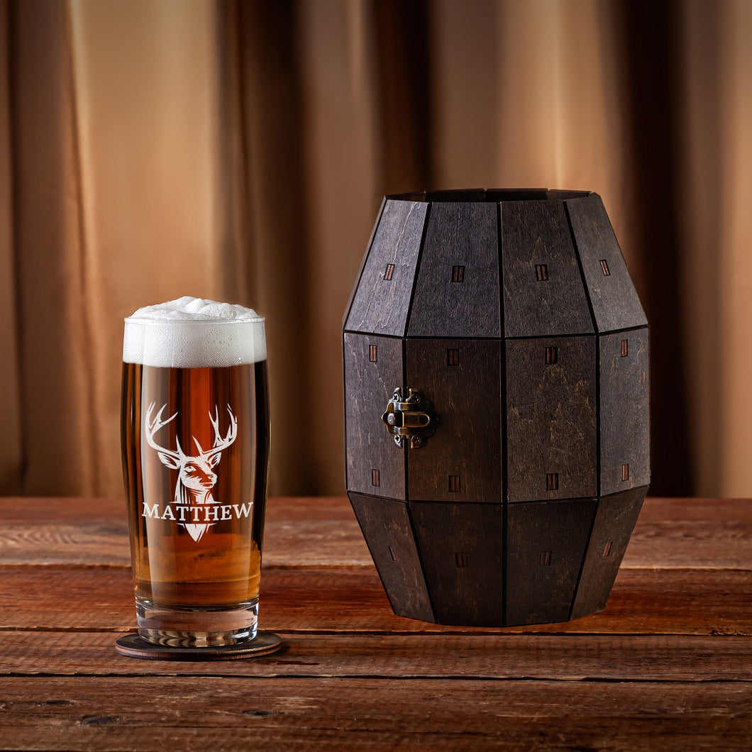 Groomsmen Gift, Personalized Beer Glass in Wooden Barrel, Deer Antler design, Best Man Proposal, Bachelor Party Gift