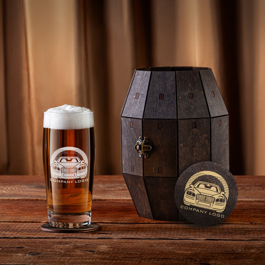 Corporate Gift with Logo - Personalized Beer Glass in Wooden Barrel