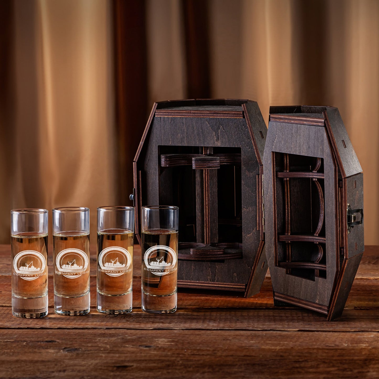 Corporate Gift – Shot Glass Set with Custom Logo in Wooden Barrel