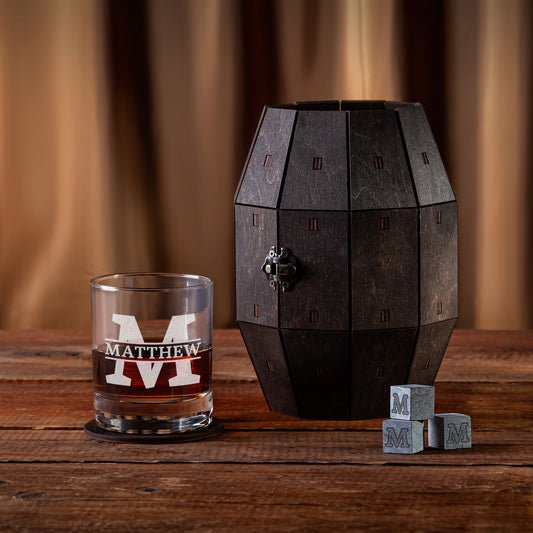 Personalized Whiskey Gift Set in a Handcrafted Wooden Barrel