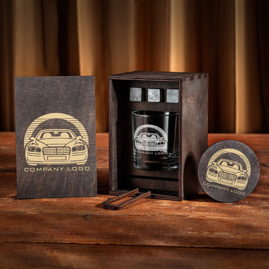 Corporate Gift – Whiskey Glass Set with Company Logo in Wooden Box