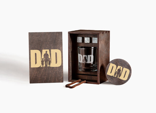 Whiskey Gift Set for Dad – Handmade Wooden Box & Engraved Glass