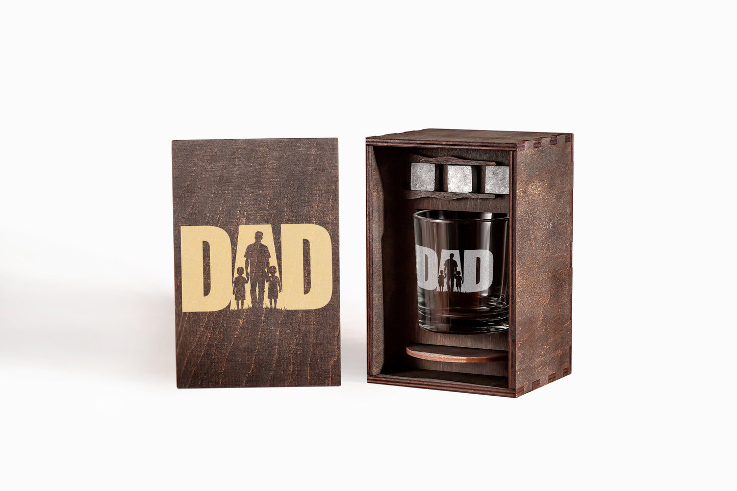 Whiskey Gift Set for Dad – Handmade Wooden Box & Engraved Glass