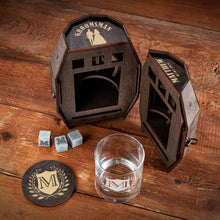 Load image into Gallery viewer, Groomsmen Gifts Personalized Whiskey Glasses Set in a Wooden Barrel – Groomsman Proposal, Gift for Best Man, Wedding Favors
