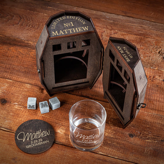 Best Man Personalized Whiskey Glass Set in Wooden Barrel – Proposal Gift Box