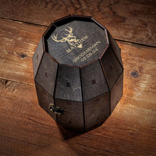 Load image into Gallery viewer, Groomsmen Gift, Personalized Beer Glass in Wooden Barrel, Deer Antler design, Best Man Proposal, Bachelor Party Gift
