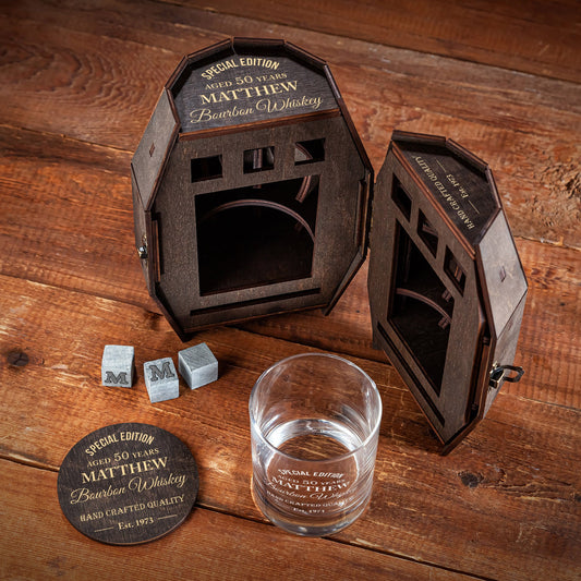 Personalized Whiskey Glass Set in Wooden Barrel – Birthday Gift for Men