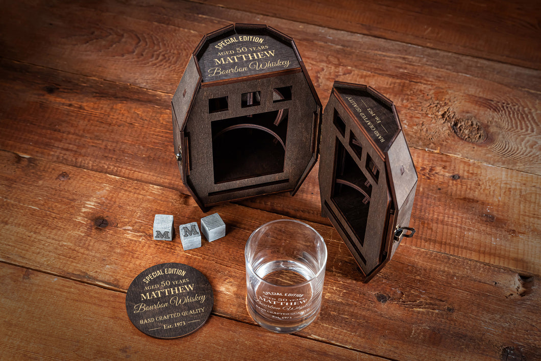 30th 40th 50th 60th 70th Birthday Gift for Men, Personalized Whiskey Glass Set in a Wooden Barrel