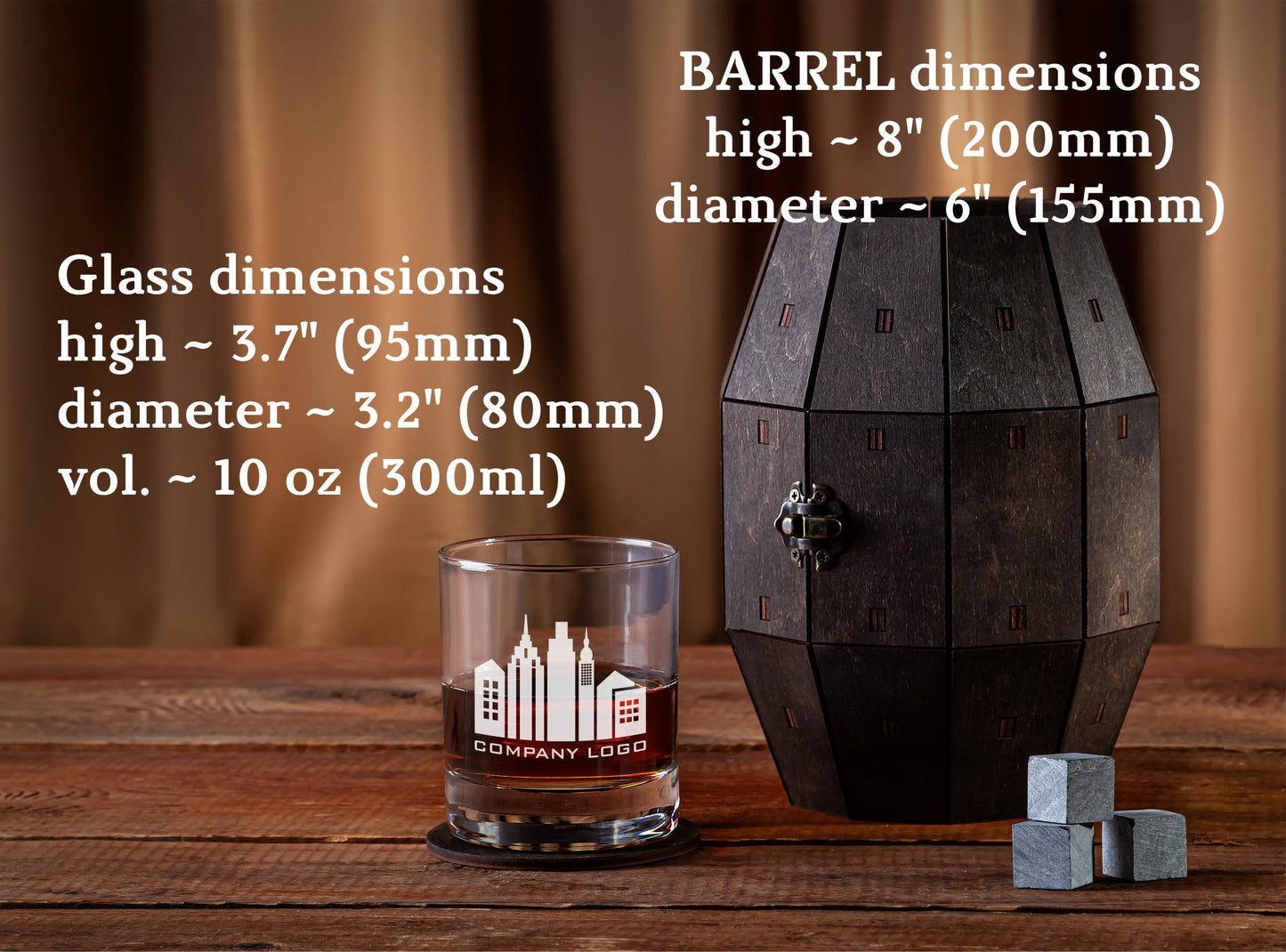 Corporate Gift – Whiskey Glass with Custom Logo in Wooden Barrel