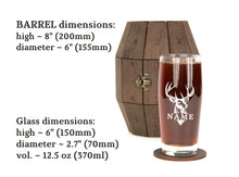 Load image into Gallery viewer, Groomsmen Gift, Personalized Beer Glass in Wooden Barrel, Deer Antler design, Best Man Proposal, Bachelor Party Gift
