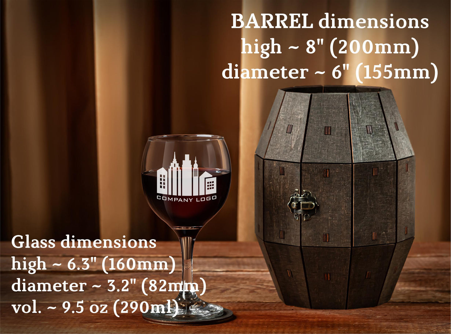 Corporate Wine Glass Gift Set with Custom Logo in Wooden Barrel