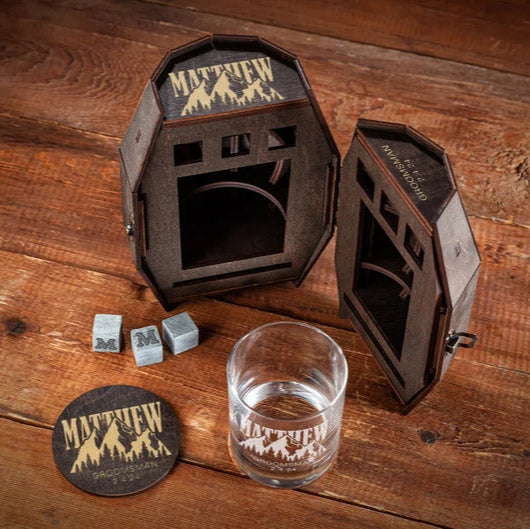Groomsmen Gift - Blue Ridge Mountains Personalized Whiskey Glass in Wooden Barrel