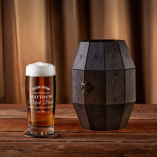 Personalized Beer Glass in Wooden Barrel – Birthday Gift for Him