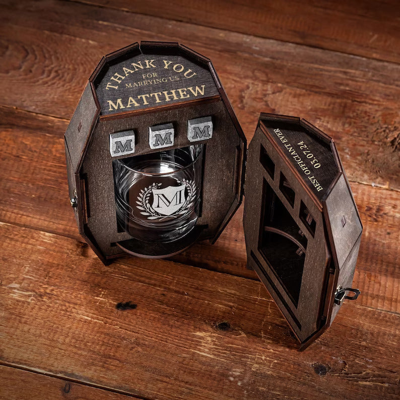 Wedding Officiant Gift - Personalized Whiskey Glass Set in Wooden Barrel