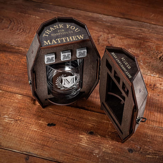 Wedding Officiant Gift - Personalized Whiskey Glass Set in Wooden Barrel