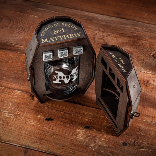 Unique Gift for Him - Custom Whiskey Glass in a Wooden Barrel