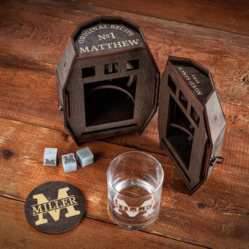 Unique Gift for Him - Custom Whiskey Glass in a Wooden Barrel