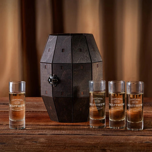 Personalized Shot Glass Set in Wooden Barrel – Birthday Gift for Him