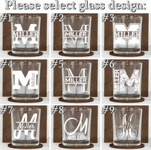 Load image into Gallery viewer, Personalized Barrel Box with Letter Name Monogram Whiskey Glass
